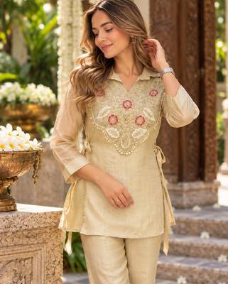 Off silk blend readymade 2 piece set with embroidery & beads work 2