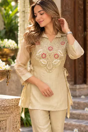 Off silk blend readymade 2 piece set with embroidery & beads work