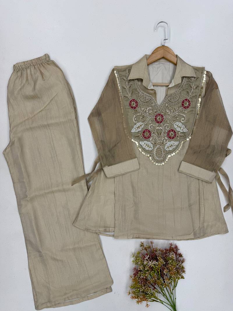 Off silk blend readymade 2 piece set with embroidery & beads work