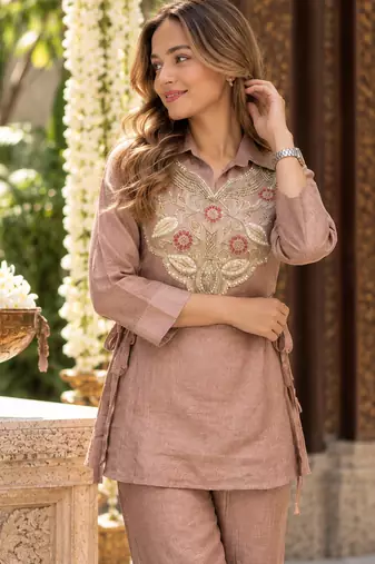 Peach silk blend readymade 2 piece set with embroidery & beads work