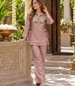 Pink silk blend readymade 2 piece set with embroidery & beads work