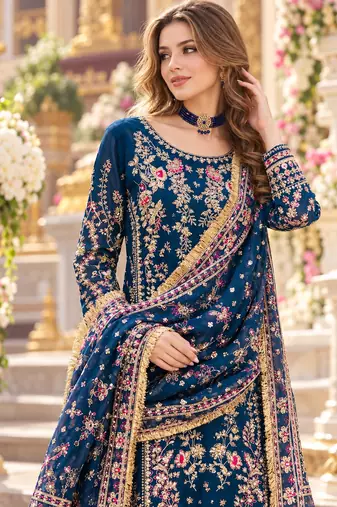 Navy georgette readymade suit with embroidery & sequence work