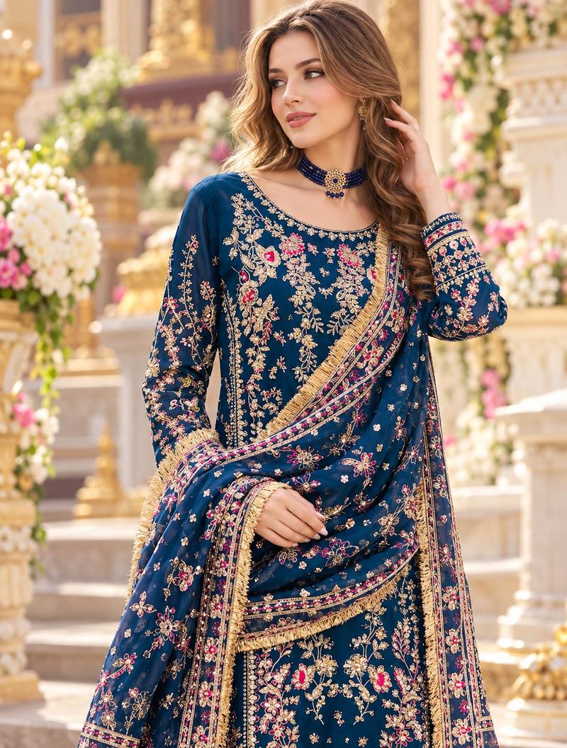 Navy georgette readymade suit with embroidery & sequence work