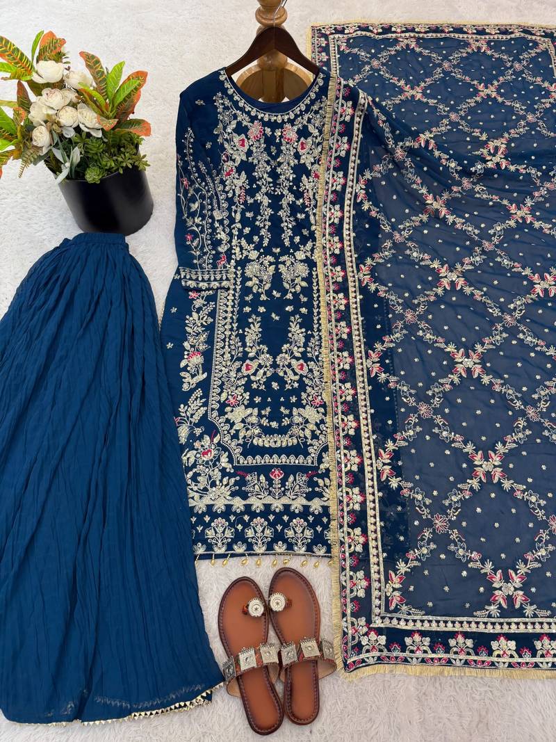 Navy georgette readymade suit with embroidery & sequence work