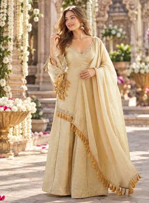 Beige silk blend readymade suit with mirror & border work 1
