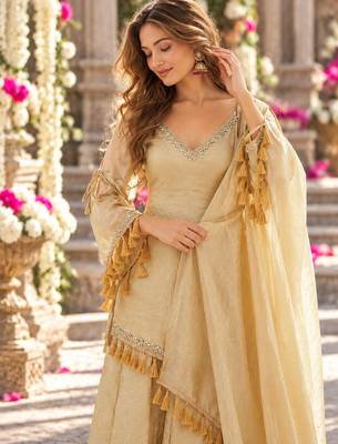 Beige silk blend readymade suit with mirror & border work 2