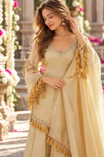 Beige silk blend readymade suit with mirror & border work