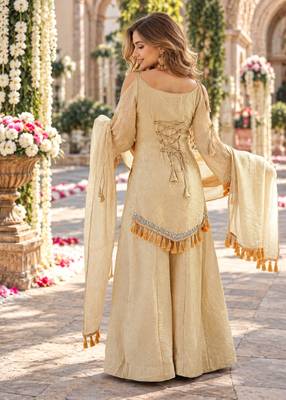 Beige silk blend readymade suit with mirror & border work 3
