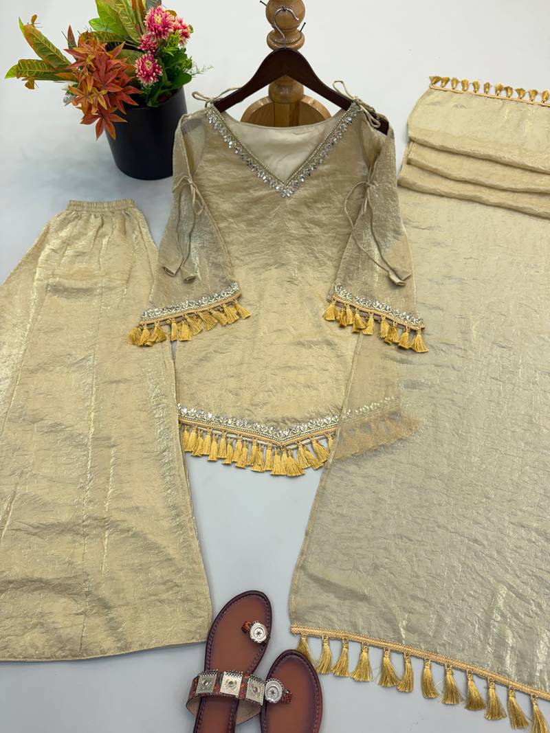 Beige silk blend readymade suit with mirror & border work