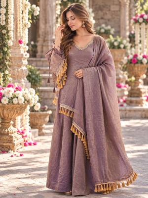 Lavender silk blend readymade suit with mirror & border work 1