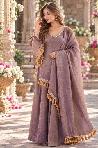 Lavender silk blend readymade suit with mirror & border work