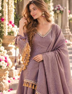 Lavender silk blend readymade suit with mirror & border work 2