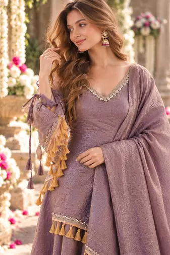 Lavender silk blend readymade suit with mirror & border work
