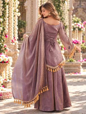 Lavender silk blend readymade suit with mirror & border work 3
