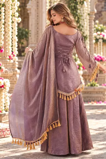 Lavender silk blend readymade suit with mirror & border work