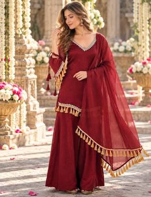 Red silk blend readymade suit with mirror & border work 1