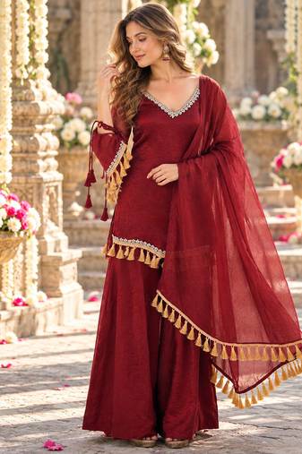 Red silk blend readymade suit with mirror & border work