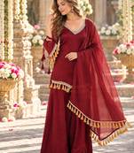 Red silk blend readymade suit with mirror & border work