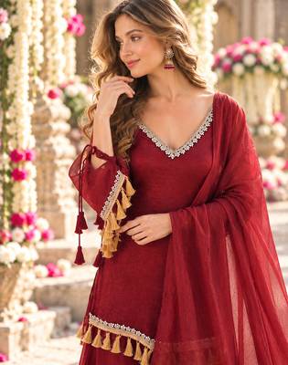 Red silk blend readymade suit with mirror & border work 2