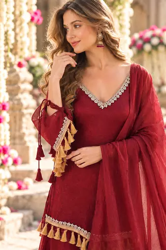 Red silk blend readymade suit with mirror & border work