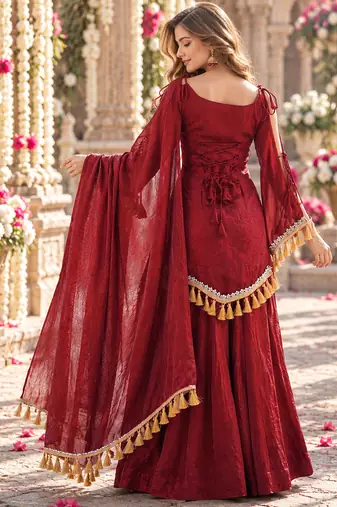 Red silk blend readymade suit with mirror & border work