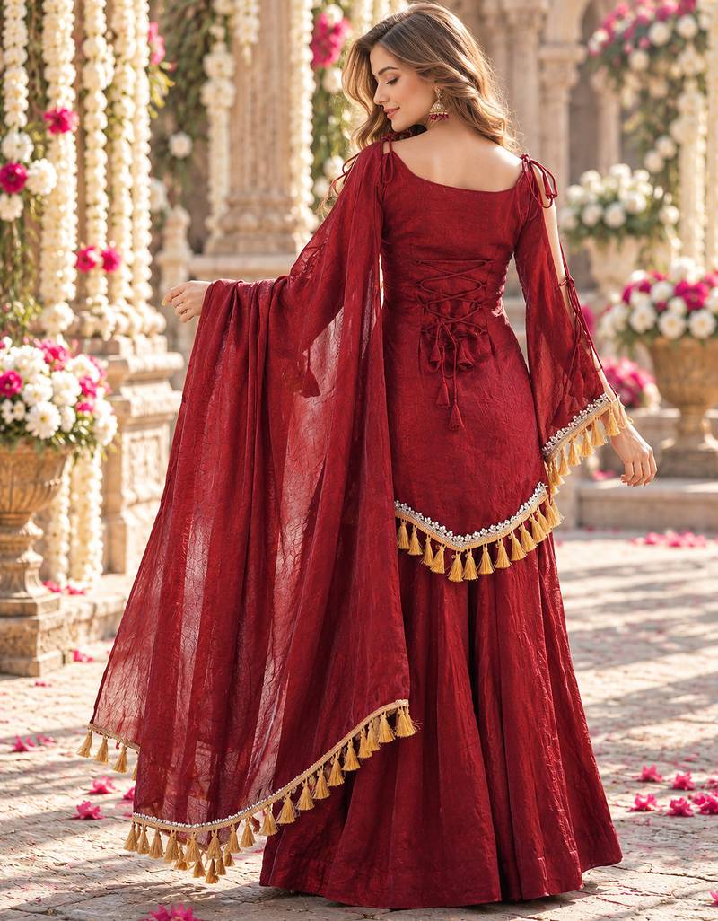 Red silk blend readymade suit with mirror & border work