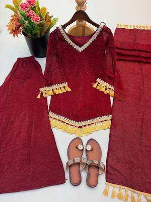 Red silk blend readymade suit with mirror & border work 4