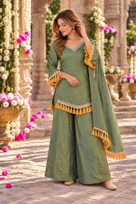 Sage silk blend readymade suit with mirror & border work 1