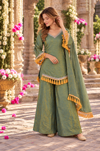 Sage silk blend readymade suit with mirror & border work