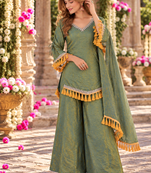 Sage silk blend readymade suit with mirror & border work