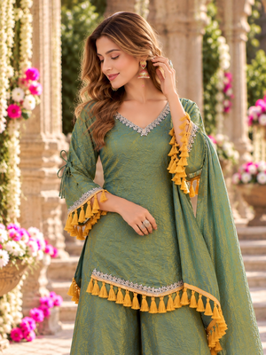 Sage silk blend readymade suit with mirror & border work 2