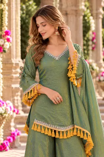 Sage silk blend readymade suit with mirror & border work