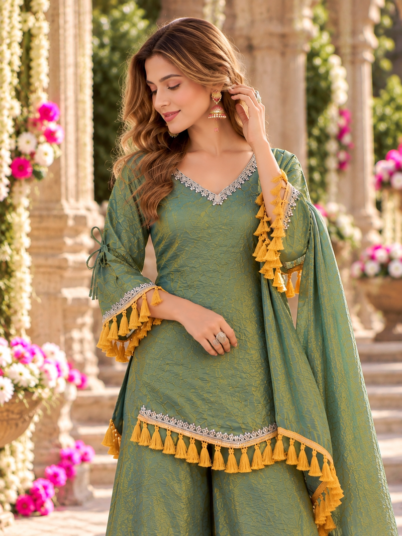 Sage silk blend readymade suit with mirror & border work