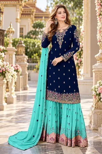 Navy&aqua georgette semi stitched suit with embroidery & sequence work