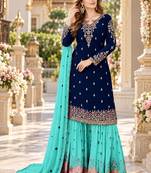 Navy&aqua georgette semi stitched suit with embroidery & sequence work