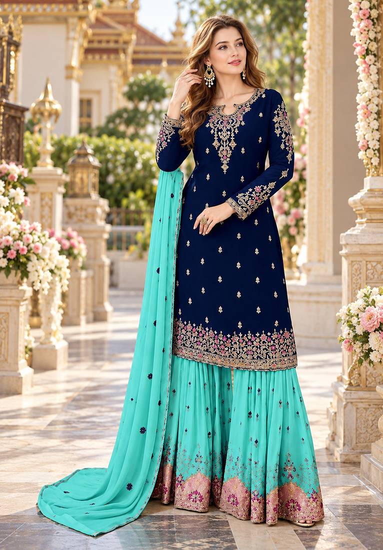 Navy&aqua georgette semi stitched suit with embroidery & sequence work