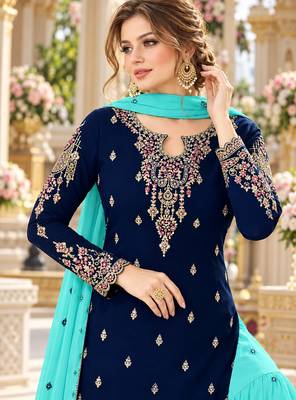 Navy&aqua georgette semi stitched suit with embroidery & sequence work 2