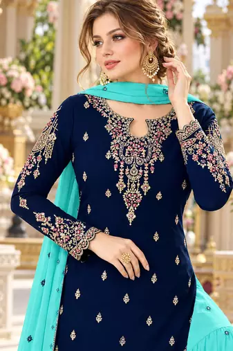 Navy&aqua georgette semi stitched suit with embroidery & sequence work