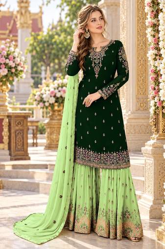 D green&lime georgette semi stitched suit with embroidery & sequence work
