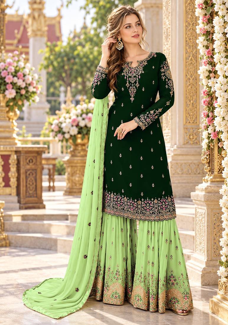 D green&lime georgette semi stitched suit with embroidery & sequence work
