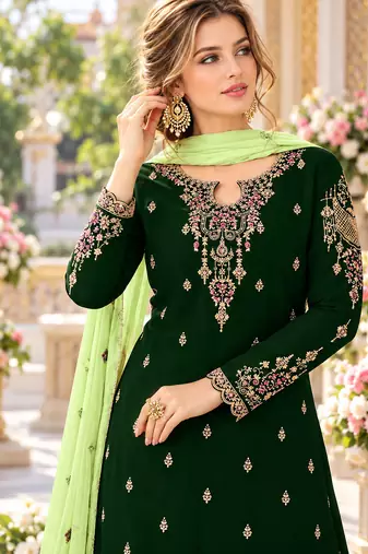 D green&lime georgette semi stitched suit with embroidery & sequence work