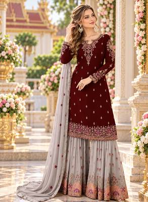 Maroon&grey georgette semi stitched suit with embroidery & sequence work 1