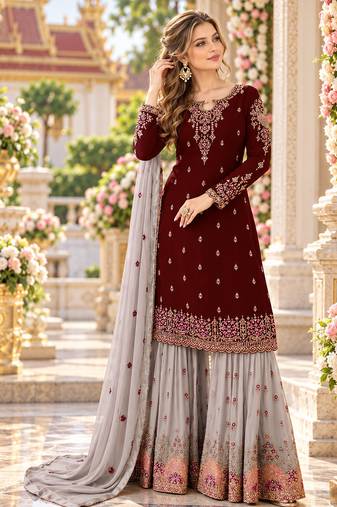 Maroon&grey georgette semi stitched suit with embroidery & sequence work