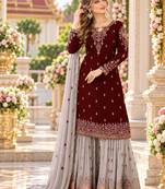 Maroon&grey georgette semi stitched suit with embroidery & sequence work