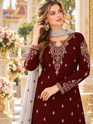 Maroon&grey georgette semi stitched suit with embroidery & sequence work 2