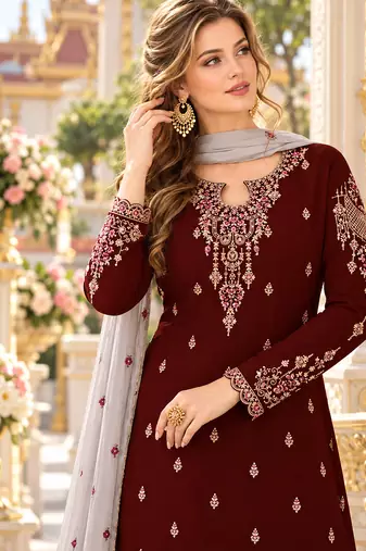 Maroon&grey georgette semi stitched suit with embroidery & sequence work