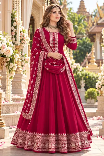 Magenta georgette semi stitched suit with embroidery & sequence work