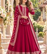 Magenta georgette semi stitched suit with embroidery & sequence work