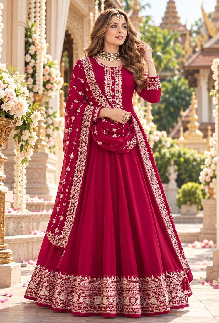 Magenta georgette semi stitched suit with embroidery & sequence work