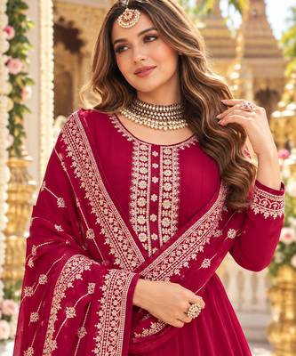 Magenta georgette semi stitched suit with embroidery & sequence work 2